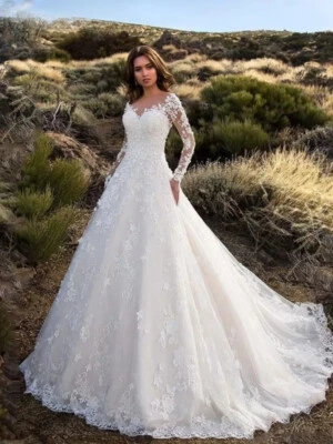 Шикарный v-образным вырезом свадебные платья кружева аппликация трапециевидный мяч свадебные платья поезд - Изображение 1 из 4