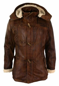 Men's Brown Duffle Over Coat Trench Hooded Long Genuine Sheepskin Leather Jacket - Picture 1 of 4