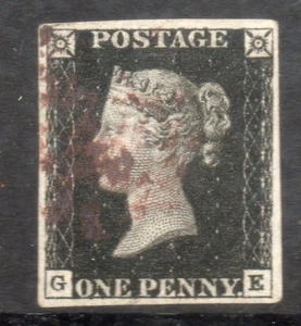 GB QV 1840 1d Penny Black SG1 FG plate 6 Red Maltese cross cat 4 margin - Picture 1 of 2