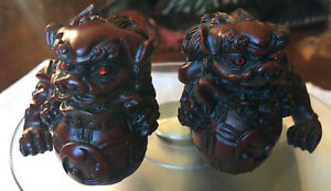 Set 2 Chinese Feng Shui Lucky Lion Foo Dogs Statue  Mythical With Red Glass Eyes