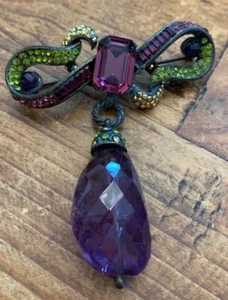 Vintage Runway Purple & Green Rhinestone Dangle Pin Brooch: Jose Barrera - Picture 1 of 12