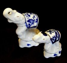 Elephant Figures x 2 Blue & White Vintage Collectable Figurine Ornaments 