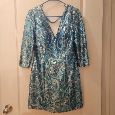 ALYCE PARIS Mini Vestido Lentejuelas Azul y Plata Mujer Talla 6 Media Manga Cuello en V Foto 1 de 4