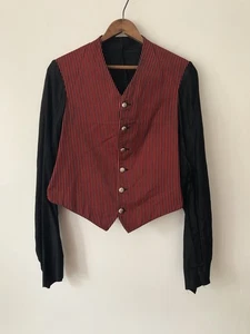 VTG Antique 30s 40s French Butler Striped Buckle Back Waistcoat Red Fits Small - Picture 1 of 17