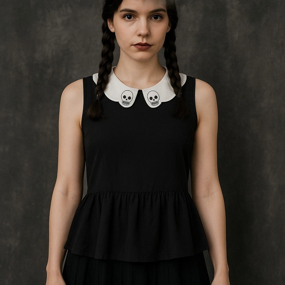 ModCloth Black Skull Collar Peplum Top M Gothic Peter Pan Blouse Dark Academia - Image 1 of 4