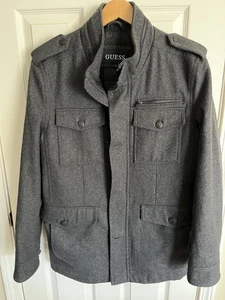 Men’s GUESS Military Gray Coat Jacket Large L Wool Blend Button Zip Coat New! - Picture 1 of 10