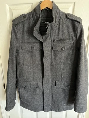 Men’s GUESS Military Gray Coat Jacket Large L Wool Blend Button Zip Coat New! - Image 1 of 4