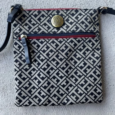 Tommy Hilfiger Crossbody Bag Monogram Black/Tan W/Red Accents Gold Logo Button - Image 1 of 4