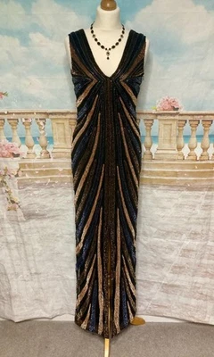 Phase Eight Collection 8 Evening Dress Black Gold Beaded Sequin Fishtail 6 8 - Image 1 of 4