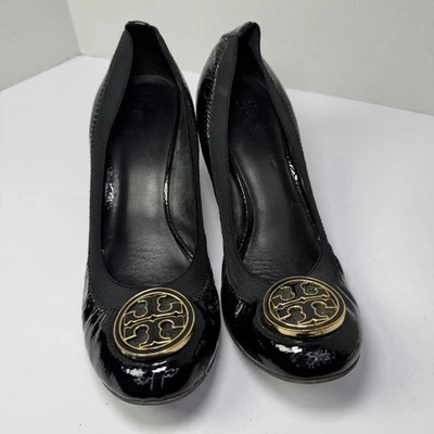 Tory Burch Caroline Black Patent Leather Ballet Wedge Heels Women's Size 8 Logo - Image 1 of 4