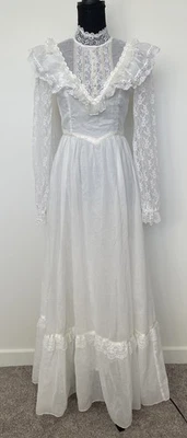 Vintage 1970s Gunne Sax Wedding Dress XS 5 Prairie High Neck Lace White Ruffle - Image 1 of 4