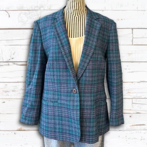 Vintage 70s Pendleton Blue Classic Plaid Wool 3/4 Sleeve Blazer Size M USA Made - Picture 1 of 14