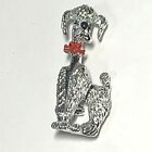 VINTAGE POODLE DOG PIN Silver Tone TEXTURED FUR Red Enamel Bow Collar PUPPY