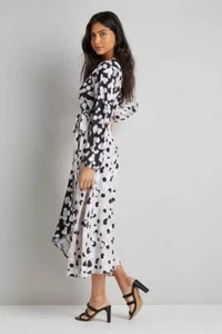 WALLIS Mono Spot Wrap Dress UK 8 Long Sleeve Black White Beige NEW With Tags - Picture 1 of 5