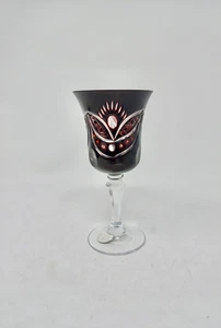 Vintage Crystal Ruby Red Bohemian Cut to Clear Wine Glasses W Germany
