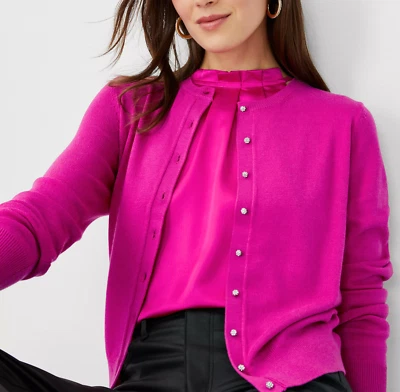NEW ANN TAYLOR PINK JEWELED BUTTON ANN CARDIGAN SWEATER JACKET SZ MEDIUM - Image 1 of 4