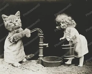Cat & Doll Watering 1915 8x10 Reprint Of Old Photo - Picture 1 of 1