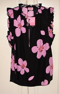 NWT Kate Spade size Large pink/black grand flora tie-neck polyester shell top