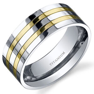 Traditional Mens 8mm Titanium Two Tone Ring Sizes 8 to 13