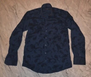 FRIDAY Shirt Men's Bold Eyecatching Guide London Blue Paisley Pattern Flocked L - Picture 1 of 12