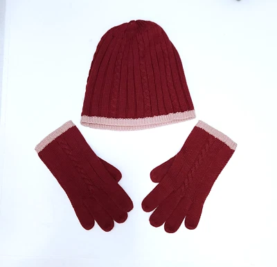 Conjunto de gorro y guantes Ann Taylor Loft tejido borde arándano/rosa  Foto 1 de 4