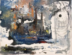 Pintura al óleo surrealista nube de fábrica paisaje urbano patio de trenes 18x14 lienzo original - Imagen 1 de 1