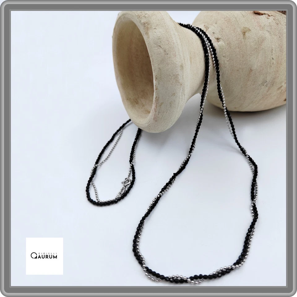 Collana Lunga in Argento 925 e Spinello Nero Palline Moda Donna Modello Classico - Immagine 1 di 4