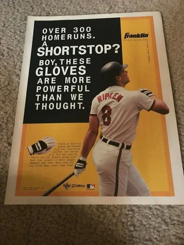 Vintage 1995 CAL RIPKEN JR. FRANKLIN BATTING GLOVES Poster Print Ad 1990s RARE Cover