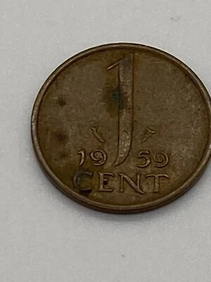 1959 Netherlands 1 Cent Portrait Queen Wilhelmina, 2g 17mm Coin - Image 1 of 3