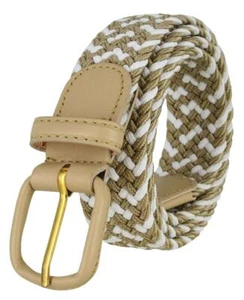 Women's Leather Covered Buckle Woven Elastic Stretch Belt New Beige/White Weave - Picture 1 of 3