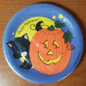 VTG Halloween Paper Plates, Dinner - American Greetings USA Witch Black Cat - Picture 1 of 3