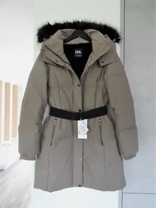 ZARA TAUPE/GREY LONG HOODED DOWN JACKET COAT WITH WATER, WIND PROTECTION SIZE M - Picture 1 of 12