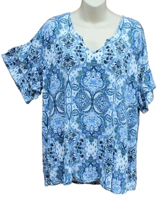 Womens Rockmans Blue White Paisley Soft Short Ruffle Sleeves Stretch Casual Top - Picture 1 of 2