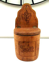 Vintage Hand Carved Wooden Salt Box with Hinged Lid