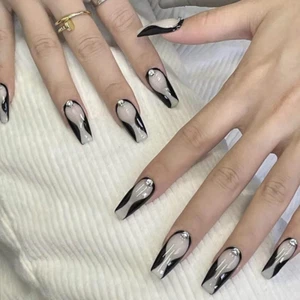 24Pcs Press on Nails Long Rhinestones Coffin French Fake Nails Ballet Luxury ... - Picture 1 of 12