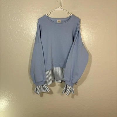 Maeve Sweater Womens Large Blue Striped Hem Ruffle Cuff Pullover Anthropologie - Image 1 of 4