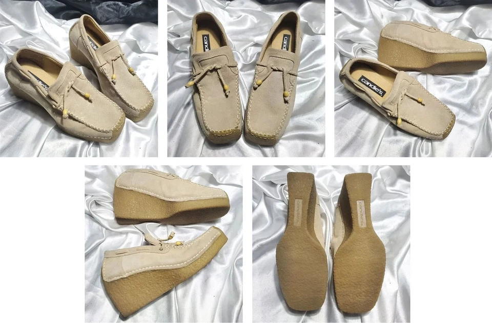 NUEVO CARAMELO MARRÓN GAMUZA CUÑA PUNTA CUADRADA MOCASÍN CUÑA PLATAFORMA TACONES TALLA 7.5 ¡BOHO! Foto 1 de 1