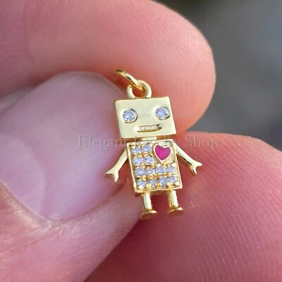 Dije robot diamante natural para pulsera y collar oro 14k esmalte rojo corazón Foto 1 de 4
