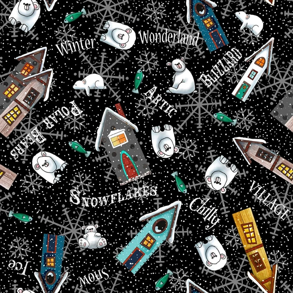 Tela de algodón acolchada de 3 yardas - Telas QT Desiree Snow Bear Village Toss negra Foto 1 de 1
