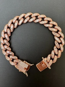 Mens Miami Cuban Link Bracelet Real 14k Rose Gold 925 Silver Baguette CZ Hip Hop - Picture 1 of 24