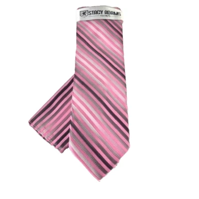 Stacy Adams Necktie Hanky for Men Pink Charcoal Silver Striped Microfiber 3.5" - Image 1 of 4