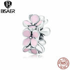 Bisaer Women Authentic 925 Sterling Silver Pink flower Charm Beads Fit Bracelet