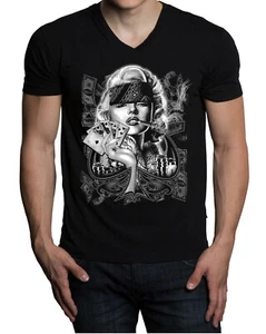 Men's Marilyn Monroe Spade Pose Black V-Neck Tee Shirt Clover Gangster High Sexy - Picture 1 of 2