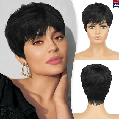 Short Black Wig Human Hair Everyday Wear Natural Hairstyle With Bangs USA - Image 1 of 4