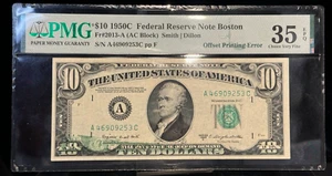 1950C $10 FEDERAL RESERVE NOTE BOSTON Fr. 2013A (AC Block) Error Choice VF35 EPQ - Picture 1 of 2