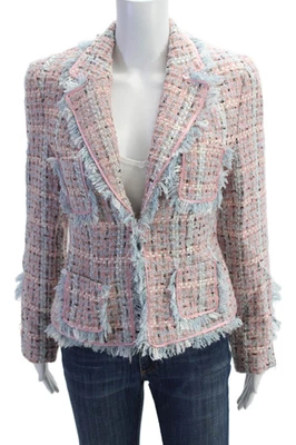 Angel Nina Womens Hook Fornt Fringe Lapel Tweed Jacket Pink Blue Size FR 42 - Image 1 of 4