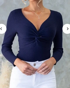 NEW TIGERMIST NAVY BLUE LONG SLEEVE RIBBED KNIT BODYSUIT TOP S M L - Picture 1 of 3