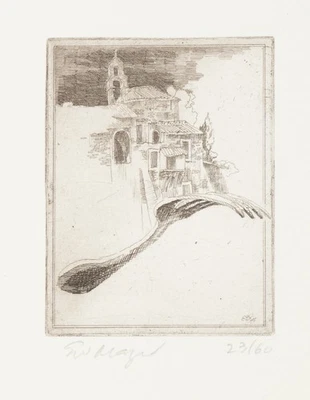 E. MAYER (*1932), Gabel vor Stadt. Surreales Stillleben, Rad. Contemporary - Bild 1 von 4