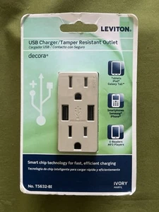NEW Leviton decora USB Charger/Tamper Resistant Outlet Ivory T5632-B1 3.6V - Picture 1 of 2