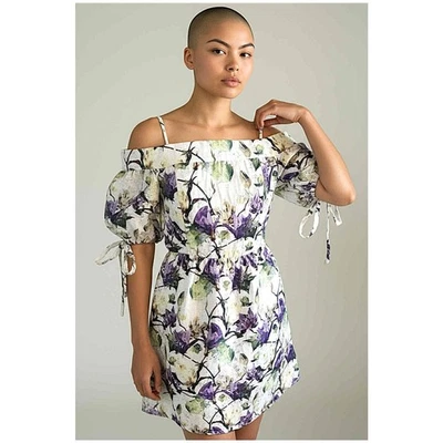 Nicole Miller New York Metallic Floral Dress Sz S/M Off Shoulder Puffy Slvs Ties - Image 1 of 4